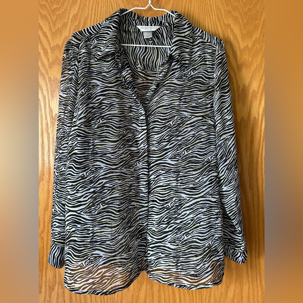 Christopher & Banks Black, White and Yellow Long Sleeve Button Down Sheer Blouse